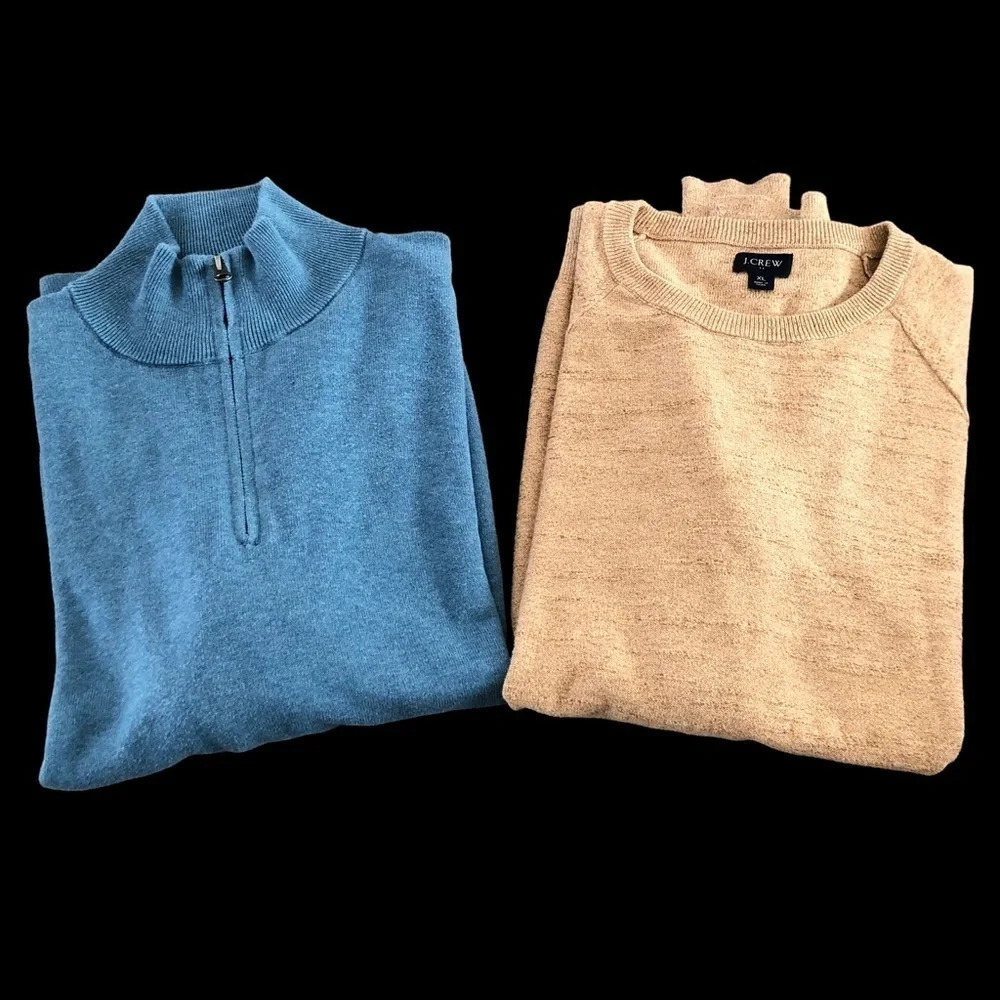 J Crew Factory Mens XL Bundle 2 Cotton Sweaters Quarter Zip‎ Crewneck Blue Tan